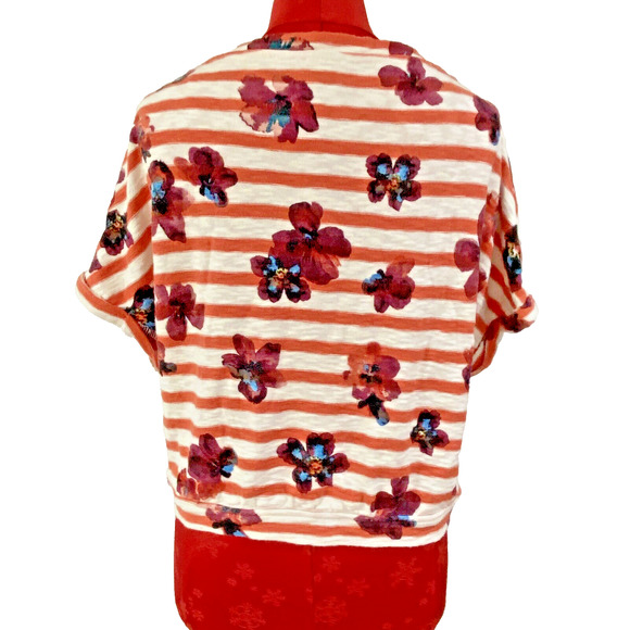 Anthropologie Postage Stamp XS Cropped Tee Shirt Top Red Stripe Floral Tie Waist - Picture 3 of 8